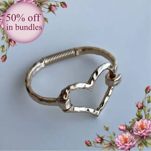 Gold Color Heart Shaped Open Cuff Bracelet - Picture 1 of 13